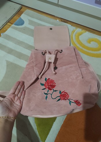 Nakışlı Pembe Süet Kadın Sırt Çantası - Görsel 5