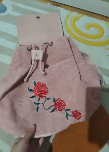 Nakışlı Pembe Süet Kadın Sırt Çantası - Görsel 4