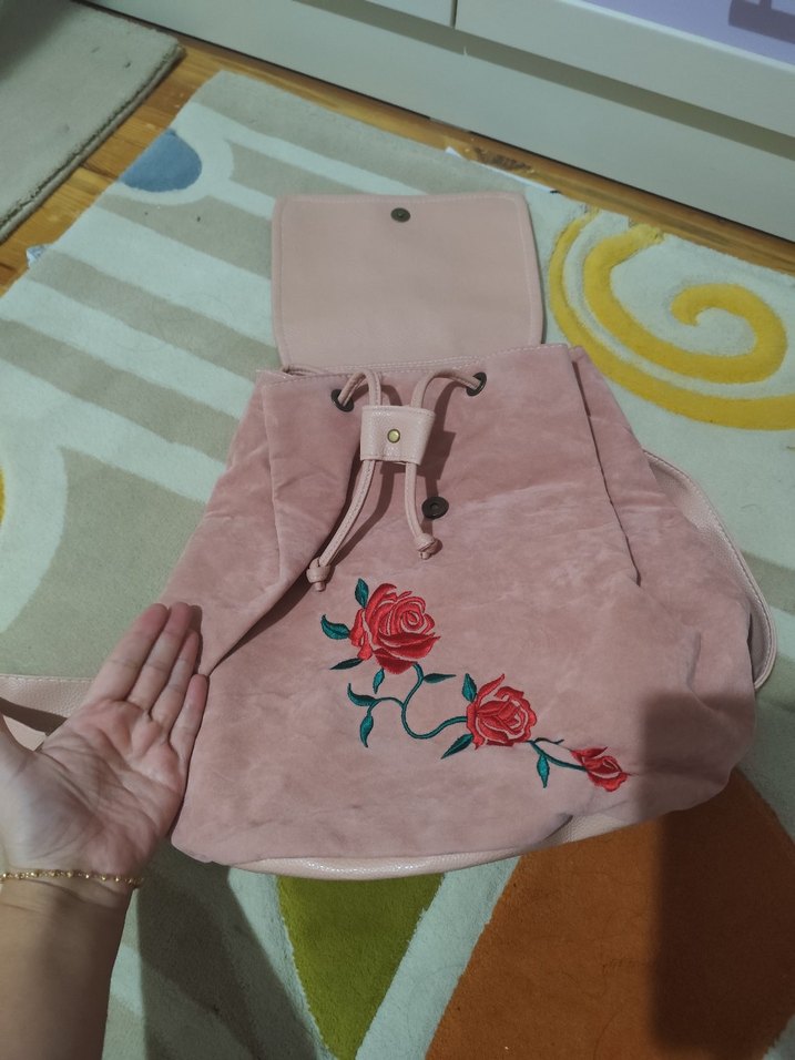 Nakışlı Pembe Süet Kadın Sırt Çantası - Görsel 5