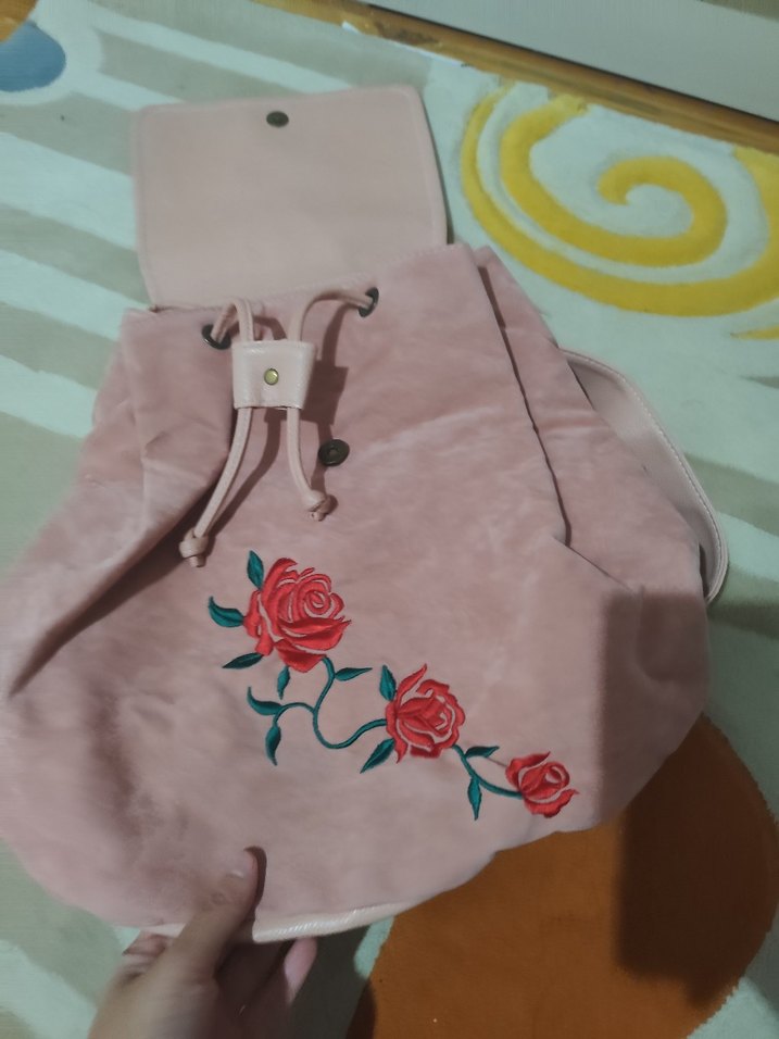 Nakışlı Pembe Süet Kadın Sırt Çantası - Görsel 4