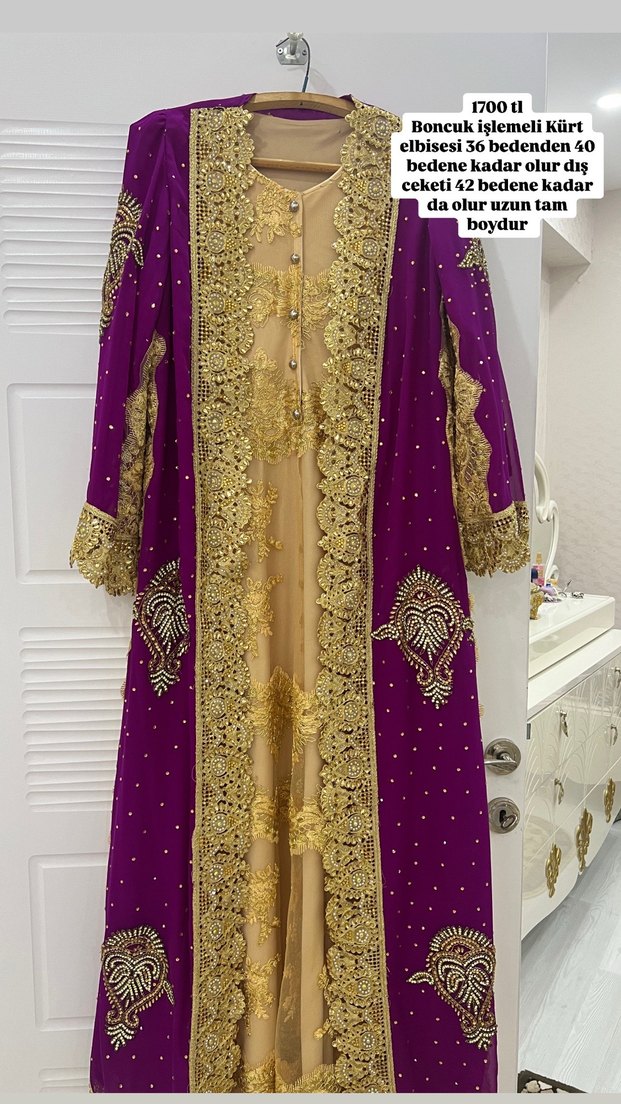 Uzun Mor Nakışlı Kadın Hint Elbisesi - Görsel 5