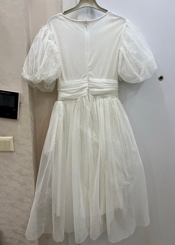 Düğmeli Beyaz Vintage Uzun Kadın Elbise - Görsel 4