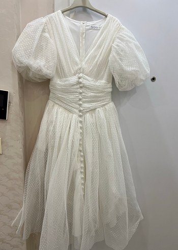 Düğmeli Beyaz Vintage Uzun Kadın Elbise - Görsel 2