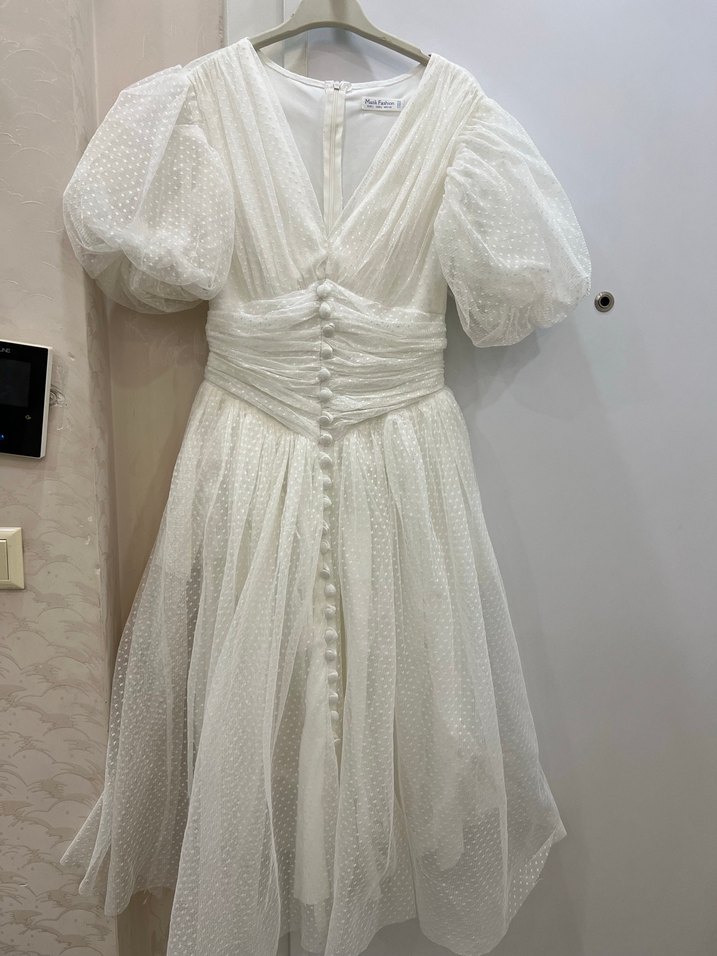 Beyaz Puantiyeli Uzun Bohem Elbise - Görsel 2