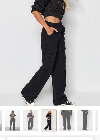 Siyah yüksek bel kargo Pantolon - Görsel 9