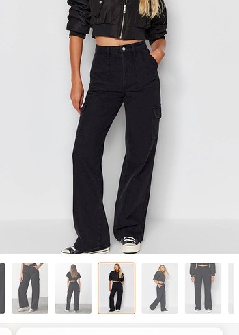 Siyah yüksek bel kargo Pantolon - Görsel 5