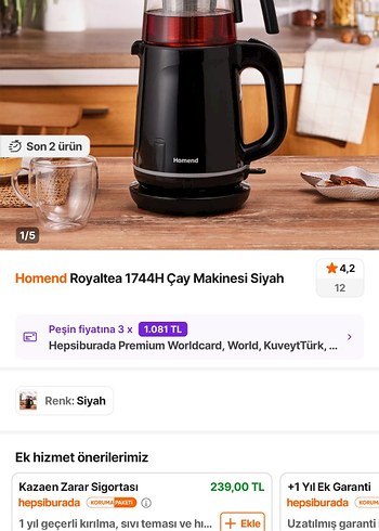 Homend Royaltea 1744h Siyah Çay Makinesi - Görsel 2