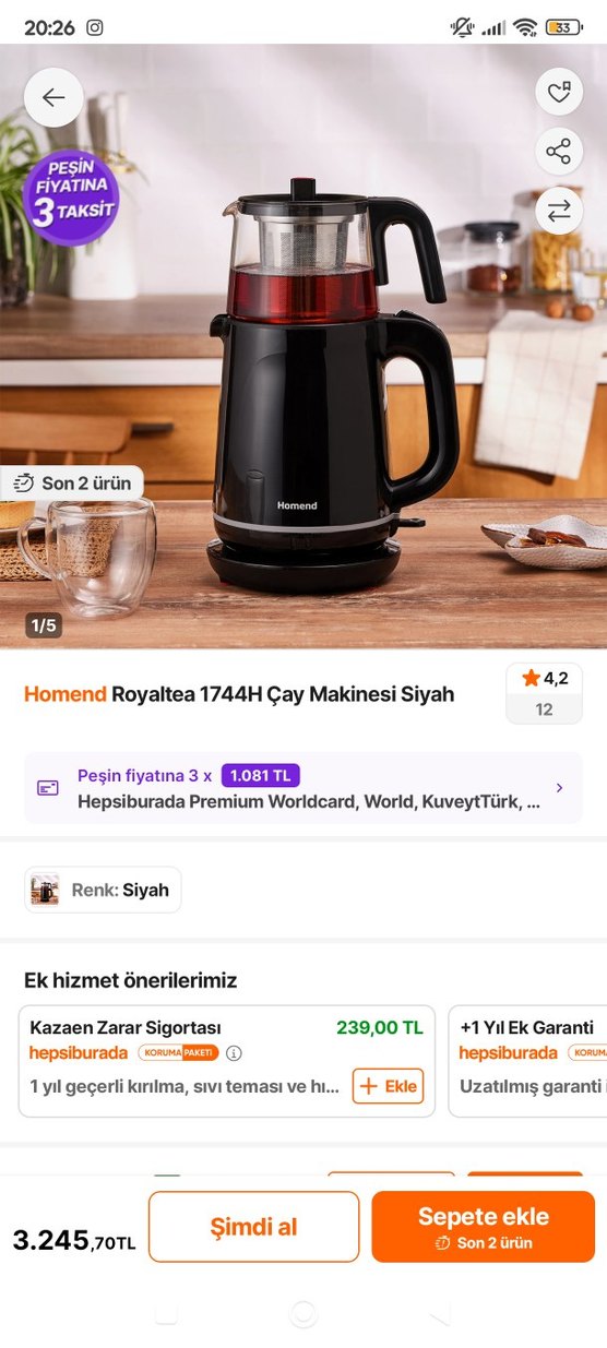 Homend Royaltea 1744h Siyah Çay Makinesi - Görsel 2