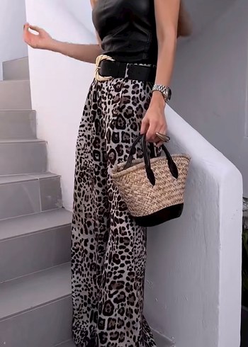 Zara Kemerli Leopar Desenli  Bol Paça Pantolon - Görsel 4