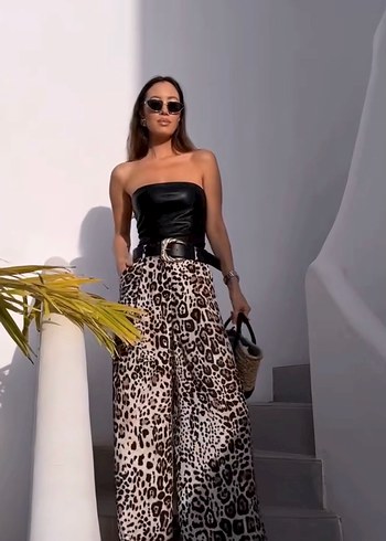 Zara Kemerli Leopar Desenli  Bol Paça Pantolon - Görsel 2