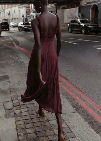 Zara Bordo Uzun Askılı V Yaka Elbise - Görsel 4