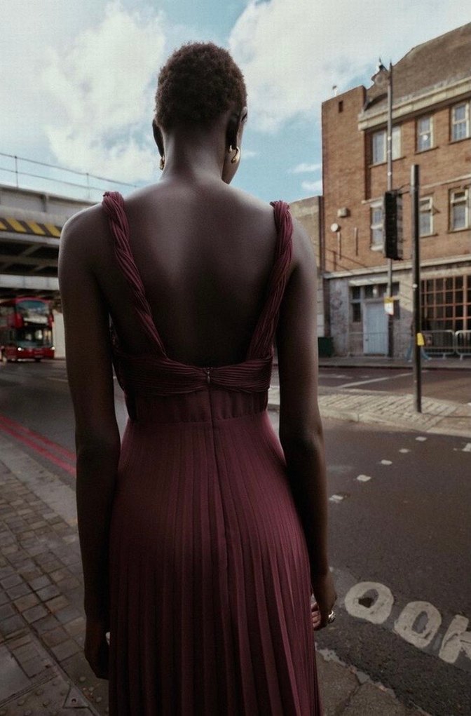 Zara Bordo Uzun Askılı V Yaka Elbise - Görsel 3