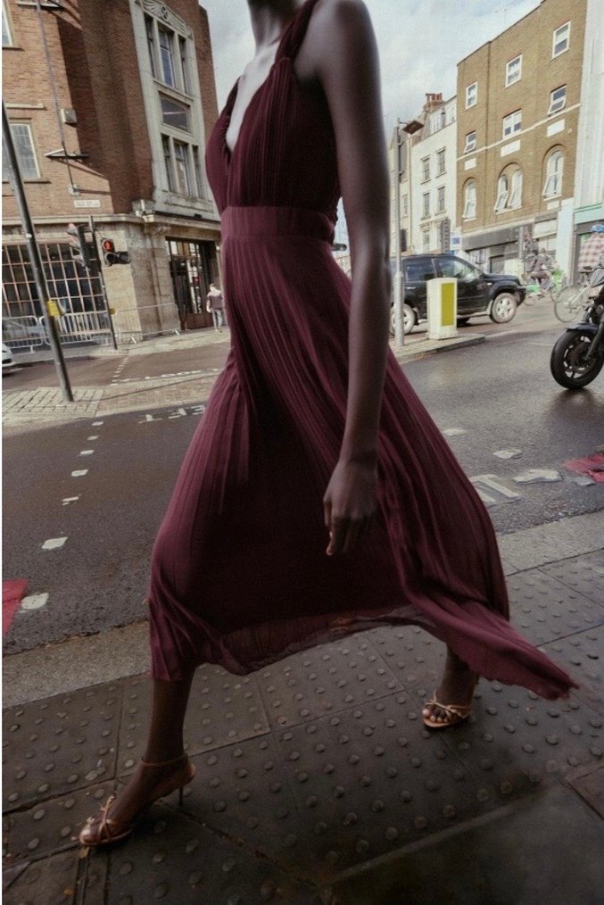 Zara Bordo Uzun Askılı V Yaka Elbise - Görsel 2