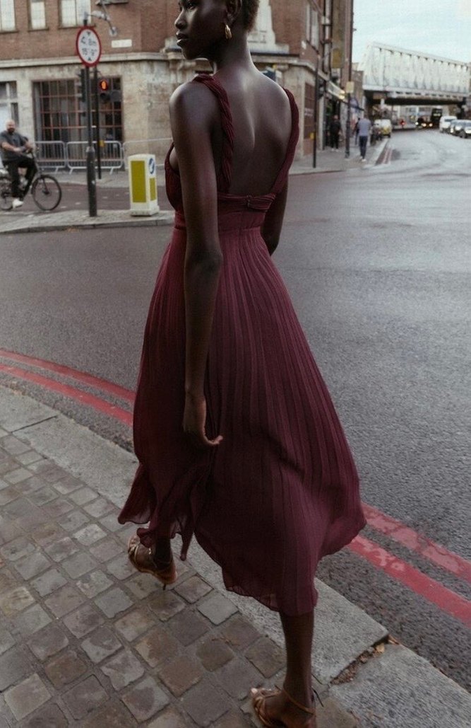 Zara Bordo Uzun Askılı V Yaka Elbise - Görsel 5