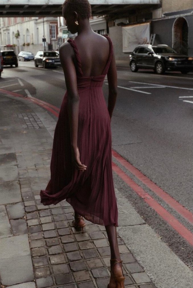 Zara Bordo Uzun Askılı V Yaka Elbise - Görsel 4