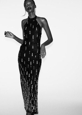 Zara Boncuk İşlemeli Siyah Uzun Elbise - Görsel 5