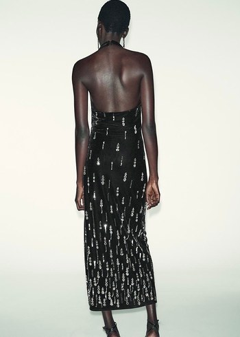 Zara Boncuk İşlemeli Siyah Uzun Elbise - Görsel 4