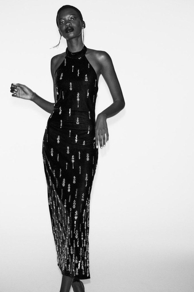 Zara Boncuk İşlemeli Siyah Uzun Elbise - Görsel 5