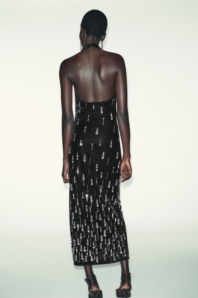 Zara Boncuk İşlemeli Siyah Uzun Elbise - Görsel 4