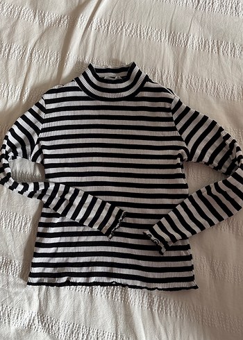 Kız Çocuk Siyah Beyaz Çizgili Kısa Kollu Triko - Görsel 2
