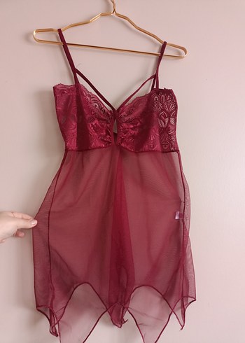 Bordo Midi Transparan İnce Askılı Gecelik - Görsel 5