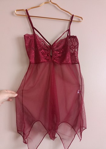 Bordo Midi Transparan İnce Askılı Gecelik - Görsel 4