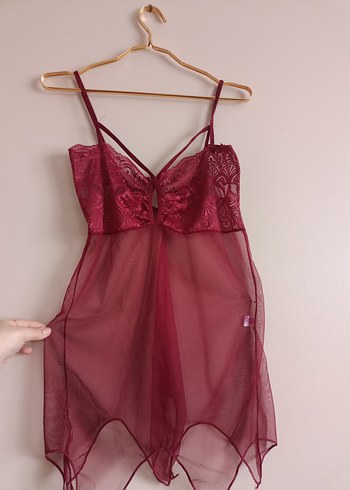 Bordo Midi Transparan İnce Askılı Gecelik - Görsel 2