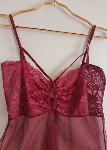 Bordo Midi Transparan İnce Askılı Gecelik - Görsel 3