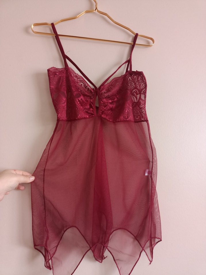 Bordo Midi Transparan İnce Askılı Gecelik - Görsel 5