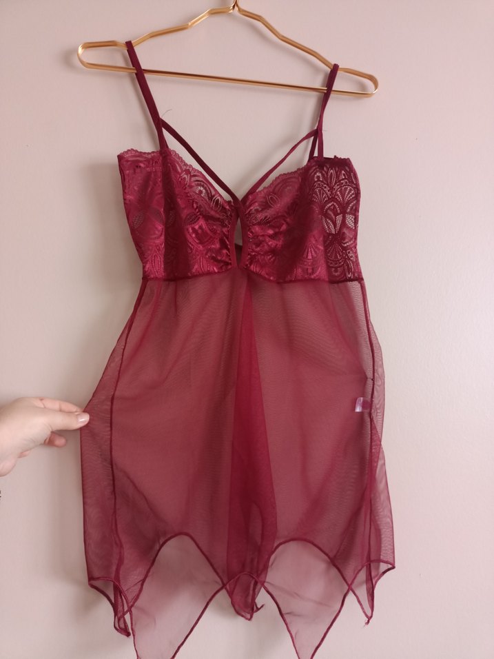 Bordo Midi Transparan İnce Askılı Gecelik - Görsel 4