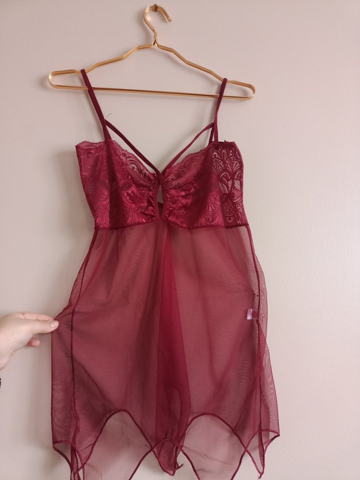 Bordo Midi Transparan İnce Askılı Gecelik - Görsel 2