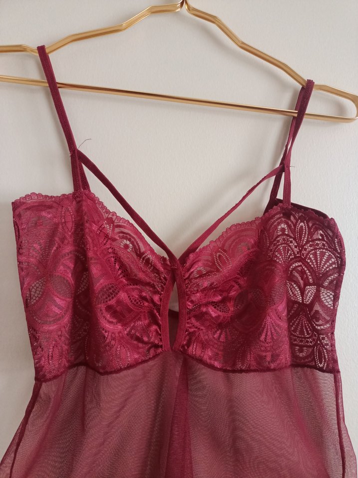 Bordo Midi Transparan İnce Askılı Gecelik - Görsel 3