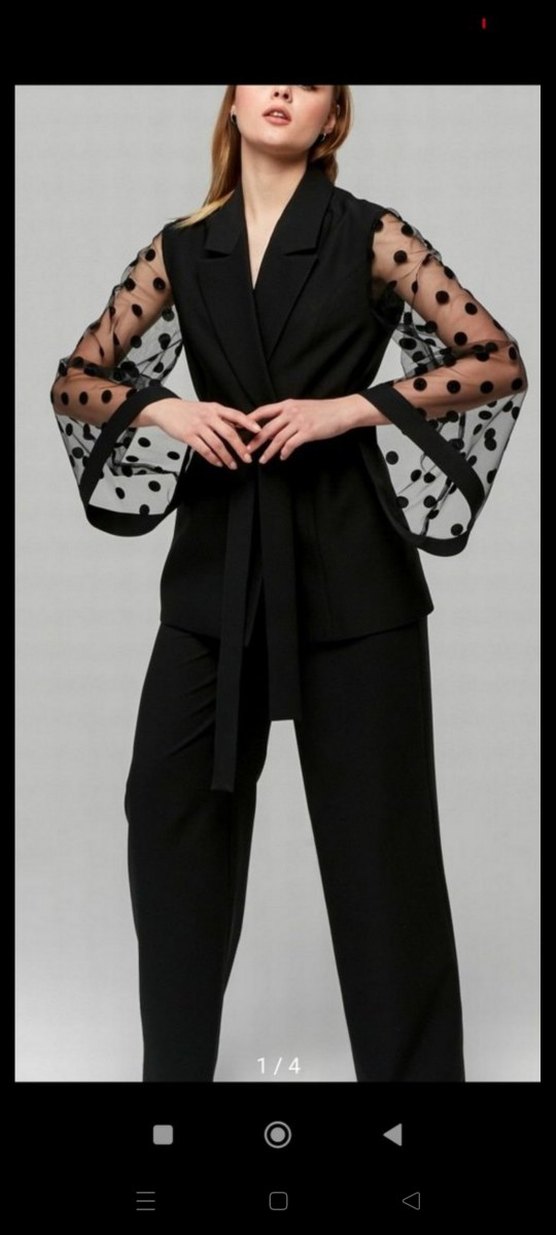 Siyah Puantiyeli Tül Kollu Uzun Blazer - Görsel 2