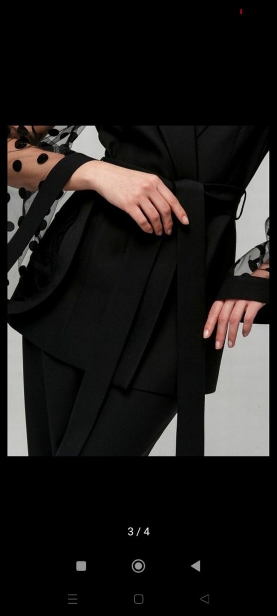 Siyah Puantiyeli Tül Kollu Uzun Blazer - Görsel 3