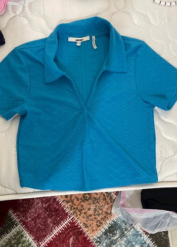 Mavi Kısa Kollu Polo Yaka Kadın Gömlek