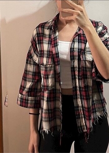 Zara Düğmeli Uzun Kollu Ekose Mini Gömlek