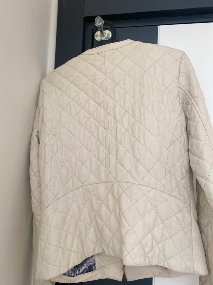 Bej Kadın Deri Ceket, Fermuarlı, Düz Desen - Görsel 2