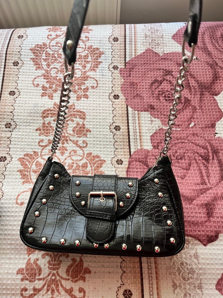 Siyah Yılan Desenli Punk Deri Kadın Çanta - Görsel 3