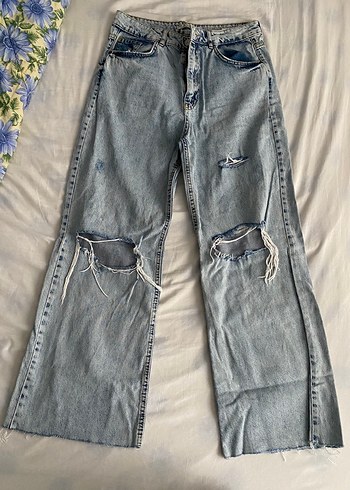 Yırtıklı Gri Mavi Bol Kesim Kot Pantolon