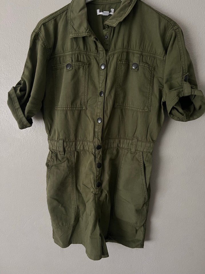 Kadın Haki Keten Kısa Tulum - Görsel 2