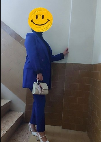 Mavi Puf Kollu Kadın İş Takımı