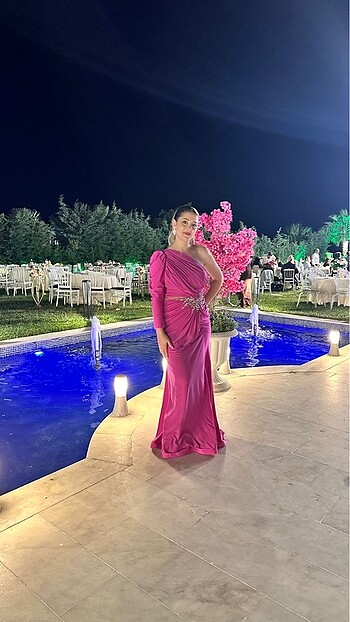 Fuşya taşlı abiye
