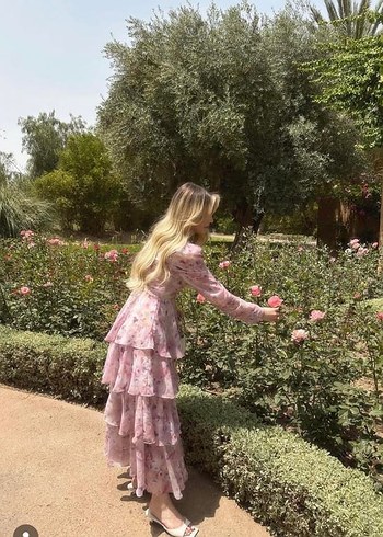 Diğer Pembe Çiçekli Uzun katkat Elbise