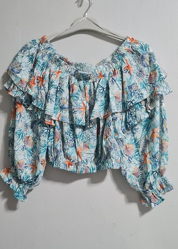 38 Beden Koton Crop Bluz Desenli Fırfırlı
