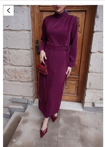 Bordo Uzun Kollu Kemerli Kadın Elbise