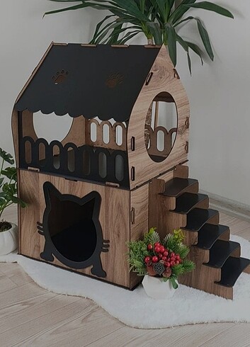 Kedi Evi Teraslı 2 Katlı Merdivenli