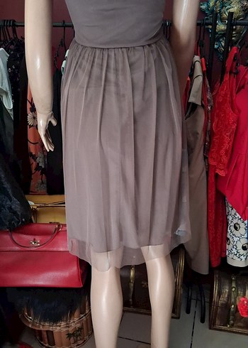 Vizon rengi tül kumaş kendinden göğüs pedli abiye elbise - Görsel 8