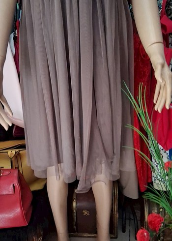 Vizon rengi tül kumaş kendinden göğüs pedli abiye elbise - Görsel 6