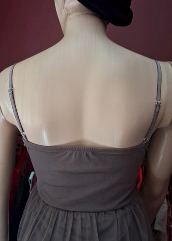 Vizon rengi tül kumaş kendinden göğüs pedli abiye elbise - Görsel 7