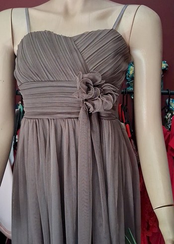 Vizon rengi tül kumaş kendinden göğüs pedli abiye elbise - Görsel 5